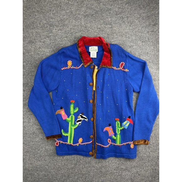 Quacker Factory Sweater Womens Large Cactus Cowboy Boot Cardigan Holiday QVC - Picture 1 of 7